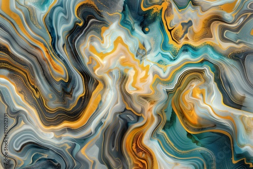   A mesmerizing 3D abstract marble  featuring a swirl of golden  blue  turquoise  and gray hues. r.
