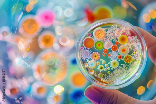 Vibrant Microorganism Symphony: A Diverse Community of Bacteria, Protozoa, Algae, and Fungi Cultured in a Petri Dish photo