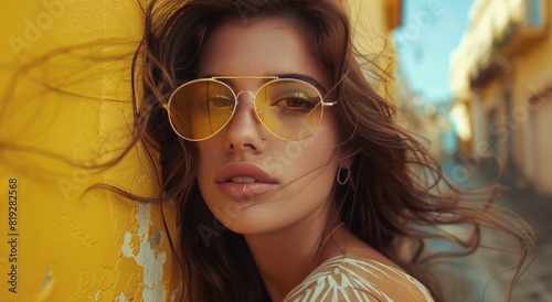 Woman Wearing Sunglasses Leaning Against Yellow Wall
