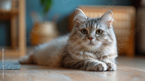 Gray Cat With Blue Eyes Laying on Wooden Floor © olegganko