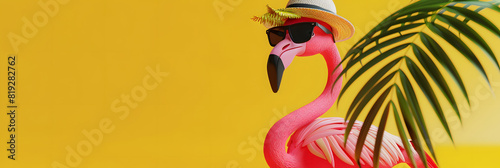 Pink flamingo with sunglasses and hat under palm leaf on yellow summer background 3D Rendering  3D Illustration