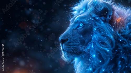 Majestic Lion with Glowing Blue Mane in Starry Night 