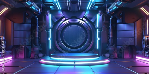 Podium background 3D light tech stage future platform game abstract. Podium 3D background technology room product.