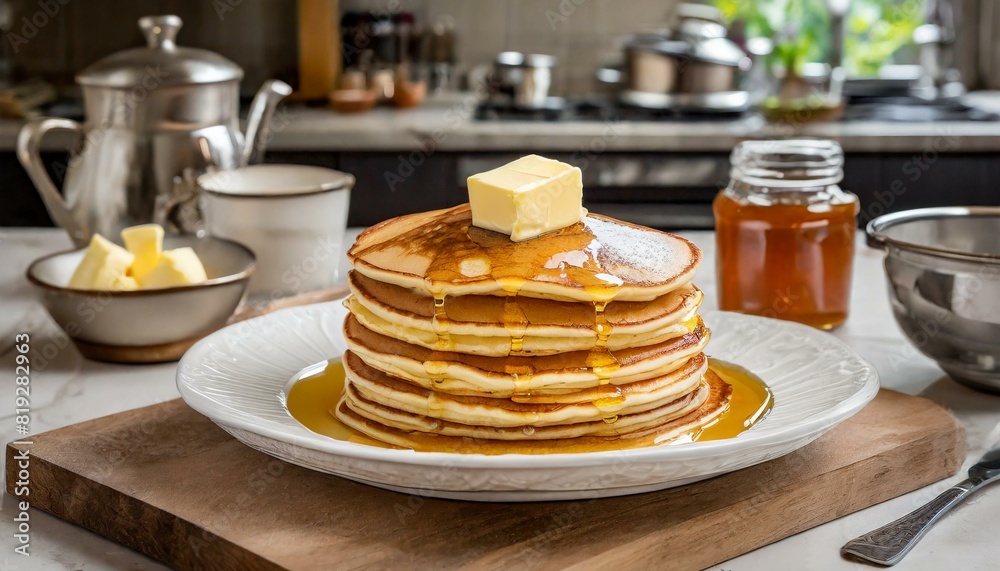 pancakes with maple syrup and butter on a white plate in a kitchen pancakes with maple syrup and butter on a white plate in a kitchen