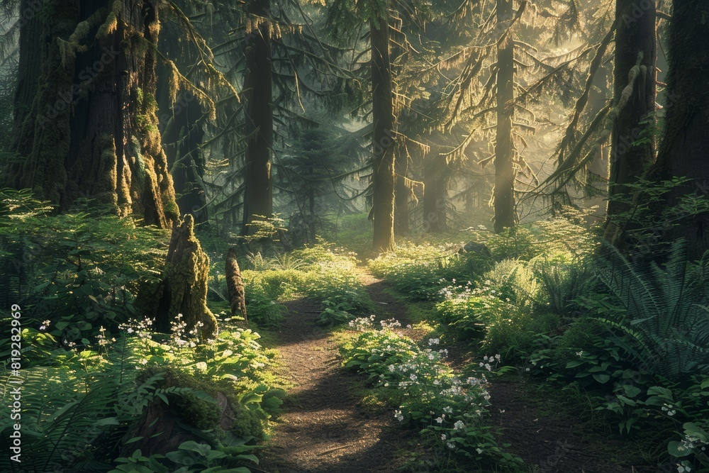 Fototapeta premium enchanting forest in summer with green foliage, trees and grass vegetation. Ecology and harmony with nature. Deforestation issue.