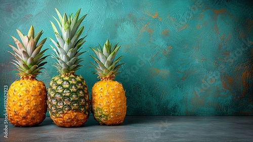 Three pineapples sit side by side in front of a blue backdrop and another blue wall behind them