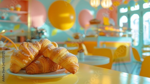 Plate of Croissants in Brightly Colored Cafe