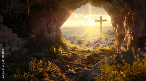 A cross is seen in the distance from an inside cave, light shining from within photo