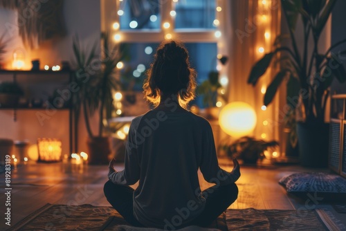 woman sitting in meditation, practicing yoga at home or studio with candlelight. mindfulness practice.