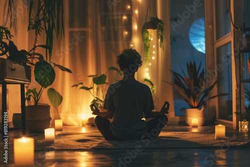 woman sitting in meditation, practicing yoga at home or studio with candlelight. mindfulness practice.