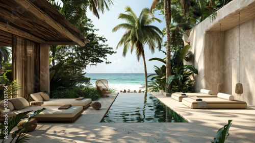 Calm outdoor scene of aman style raw material finish hotel villa in an the mexican tropics with a plunge pool and ocean views