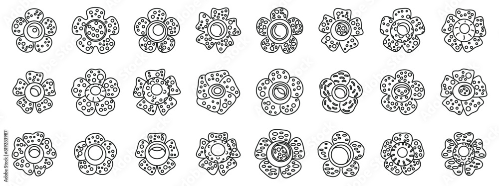 Rafflesia outline vector icons. A row of flowers with different shapes and sizes. The flowers are all black and white. The image has a calm and peaceful mood Rafflesia outline vector icons. A row of flowers with different shapes and sizes. The flowers are all black and white. The image has a calm and peaceful mood