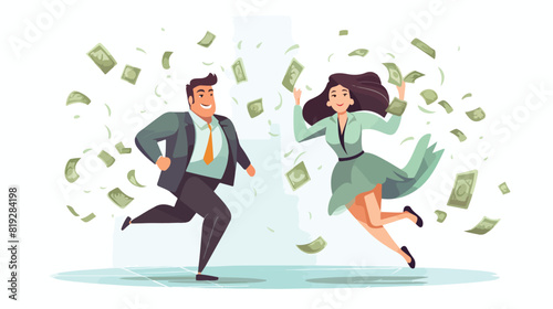 vector flat cartoon girl and boy running for money.