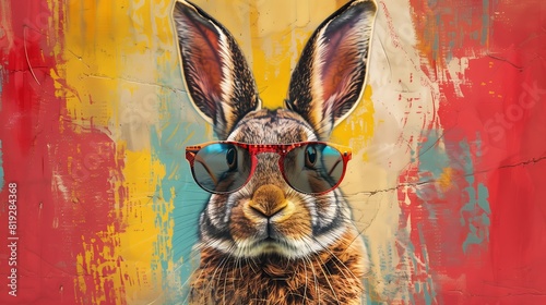 Rabbit with sunglasses in the style of pop art on colorful background. Close up photo of easter rabbit wearing sunglasses on vibrant wall. photo
