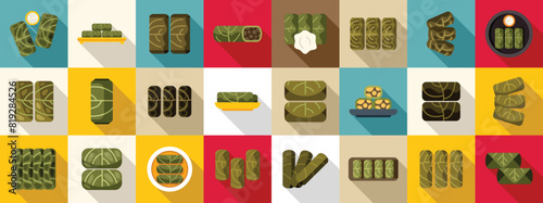 Dolma flat vector icons. A colorful image of various food items, including wraps and rolls, arranged in a grid. Scene is cheerful and inviting, with the bright colors and variety of food items