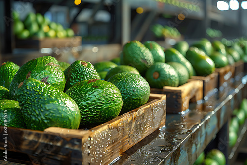 The harvested avocados are neatly packed in wooden boxes on the sorting line, ready for distribution at a bustling orchard during the peak of the harvest season photo