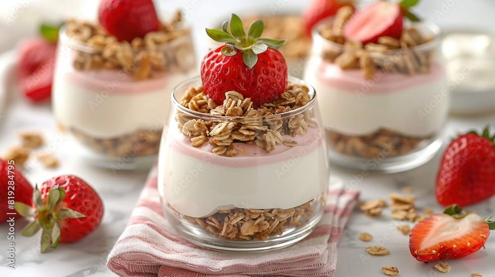 Three glasses of yogurt with strawberries and granola on a white table, pink towel, and two strawberries Three glasses of yogurt with strawberries and granola on a white table, pink towel, and two strawberries