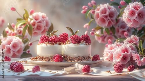  A cake sits atop a white plate with raspberries surrounding pink flowers