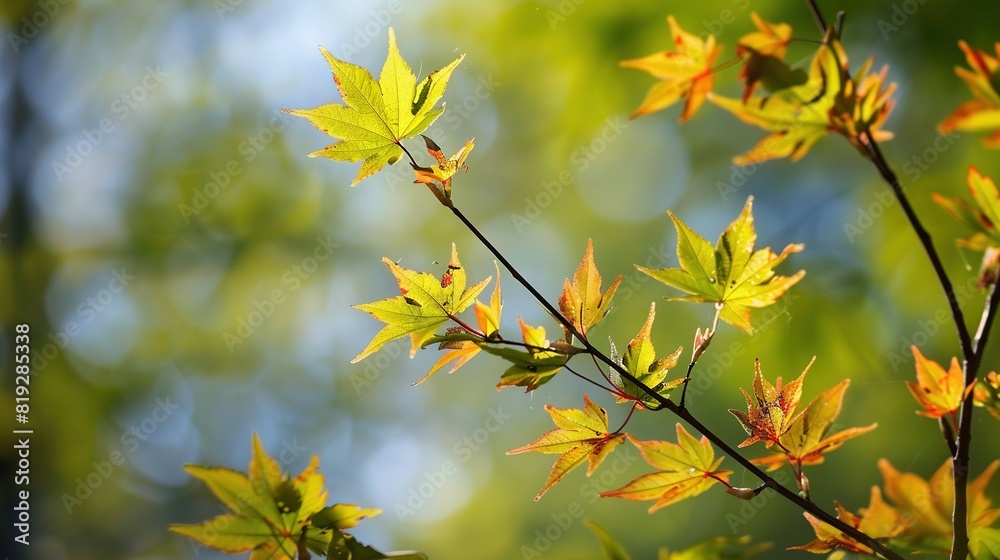 A tree with vibrant yellow and green foliage in the foreground, set against a hazy backdrop of greenery and a bright blue sky A tree with vibrant yellow and green foliage in the foreground, set against a hazy backdrop of greenery and a bright blue sky