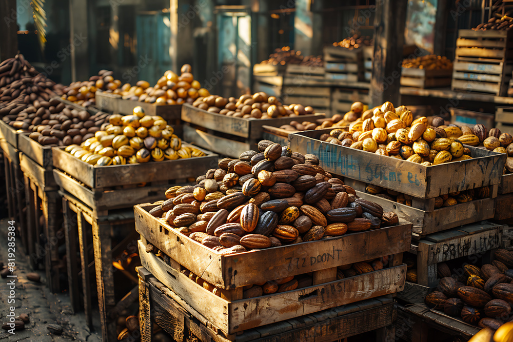 The harvested cacao pods are packed in wooden boxes on the sorting line, ready for distribution at a bustling plantation during the peak of the harvest season The harvested cacao pods are packed in wooden boxes on the sorting line, ready for distribution at a bustling plantation during the peak of the harvest season