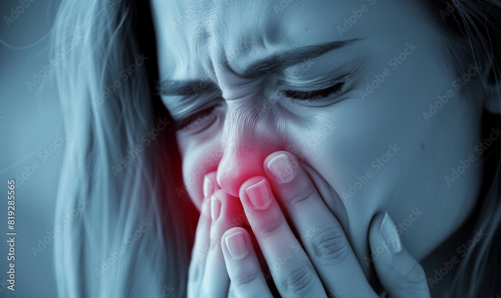 Toothache Affecting Face A young woman has a toothache, evident by her crouched posture and ...
