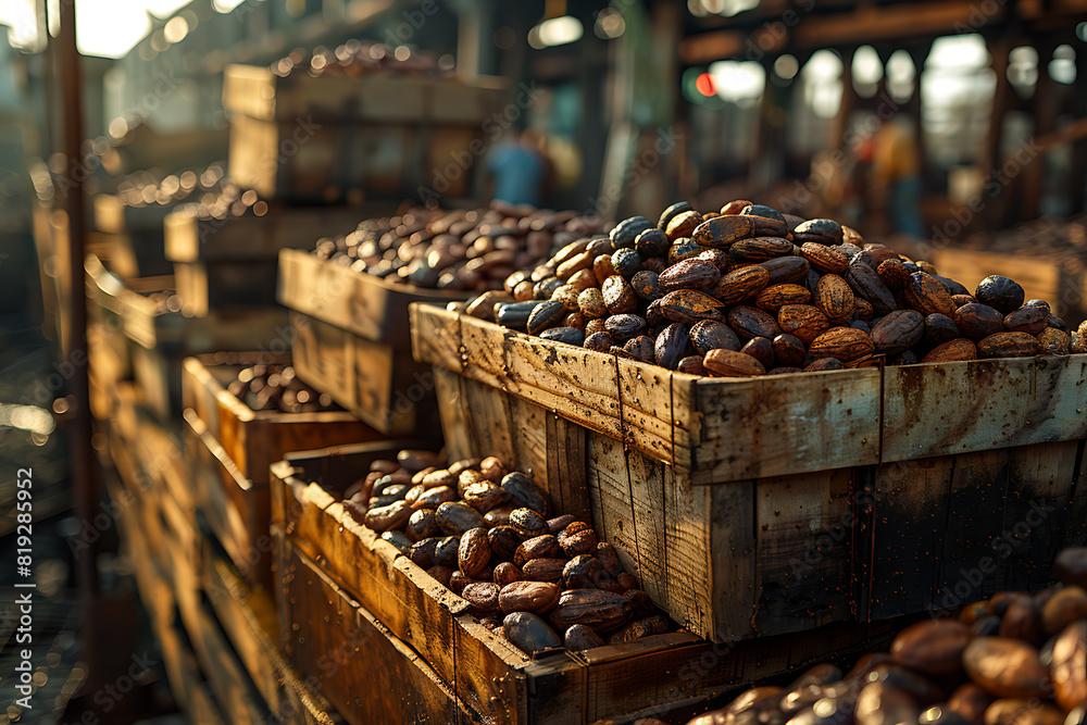 The harvested cacao pods are packed in wooden boxes on the sorting line, ready for distribution at a bustling plantation during the peak of the harvest season The harvested cacao pods are packed in wooden boxes on the sorting line, ready for distribution at a bustling plantation during the peak of the harvest season