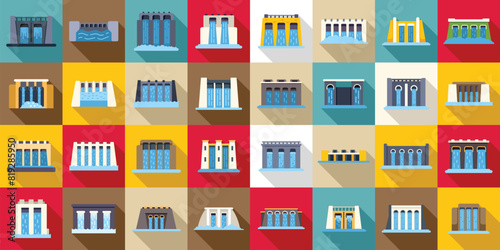 Hydro power station dam flat vector icon. A collection of buildings with water features in the foreground. The buildings are of various sizes and styles, and the water features are in different shapes