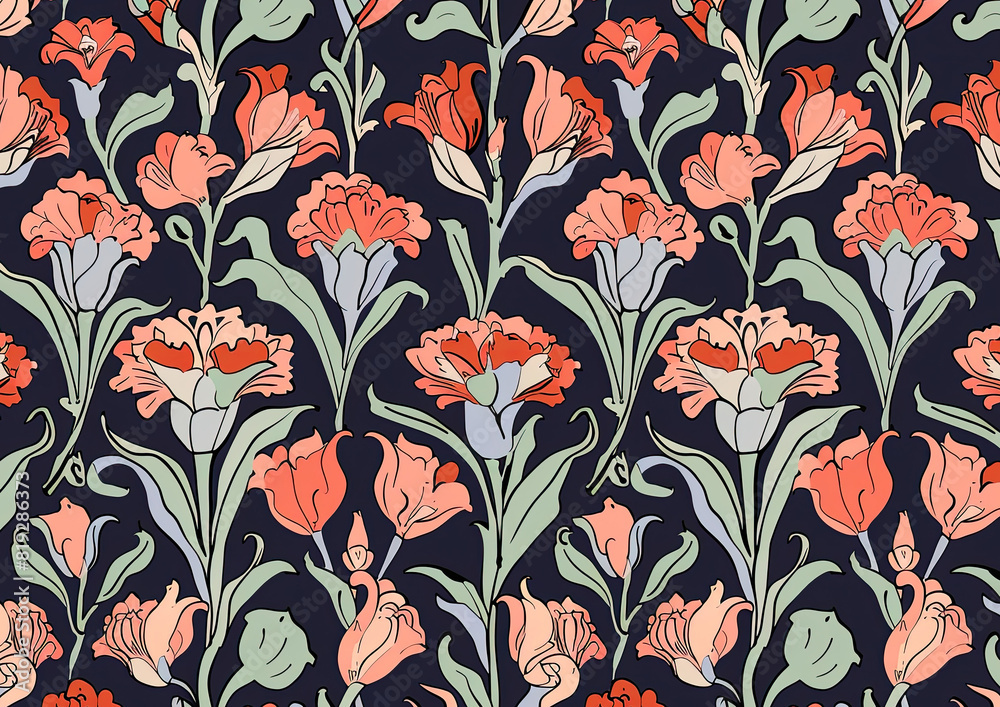 artistic decorative flowers and leave in art nouveau vintage style with retro colors tone for fabric pattern background artistic decorative flowers and leave in art nouveau vintage style with retro colors tone for fabric pattern background