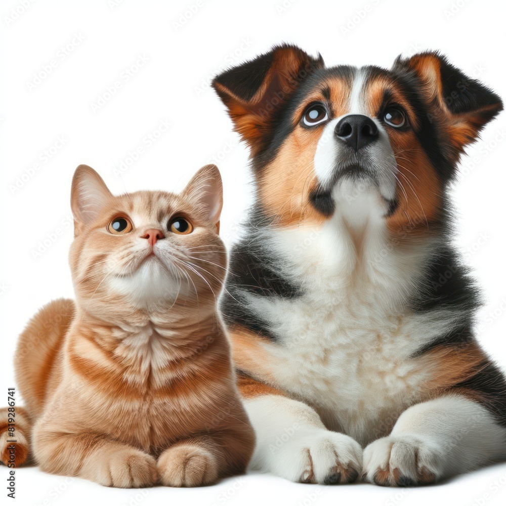 cat and dog looking up, isolated on white background