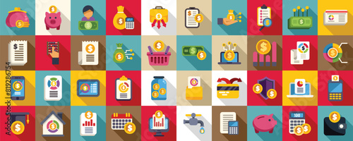 Family budget flat icons. A collection of financial icons including a piggy bank, a wallet, a calculator, and a laptop