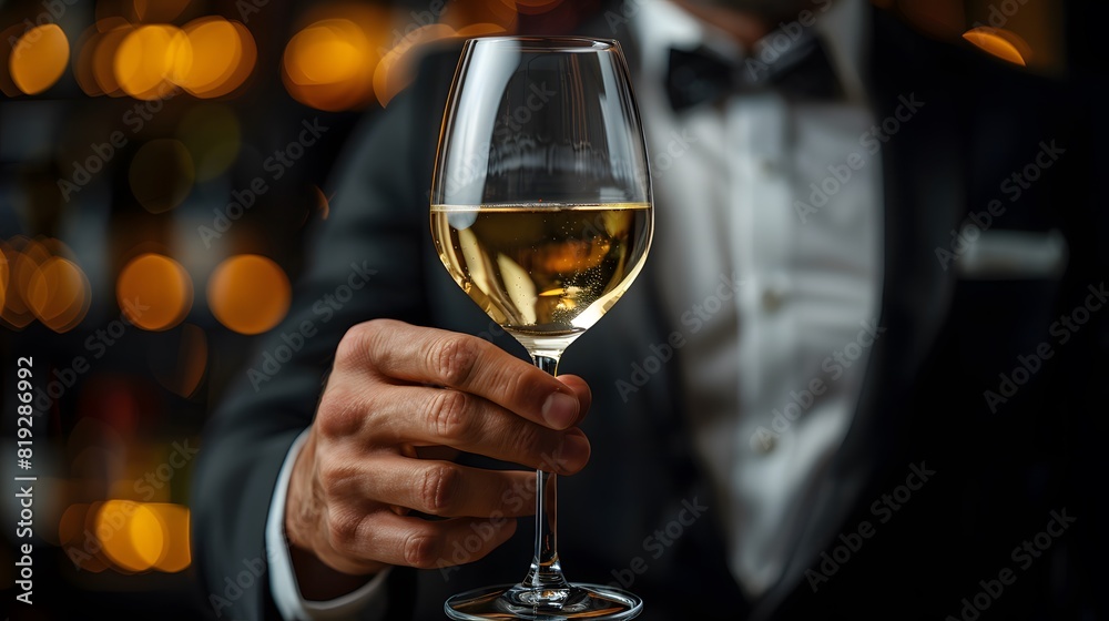 Sophisticated male hand holding a glass of white wine.