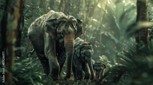 In the tropical rain forest, an elephant is followed by a baby elephant, Dry and wrinkled skin of an elephant