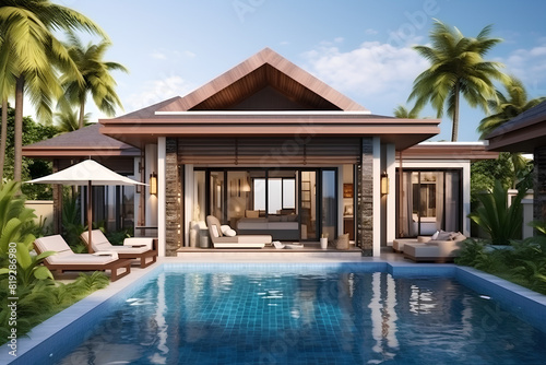 house or home building Exterior and interior design showing tropical pool villa with green garden and bedroom © Nuna