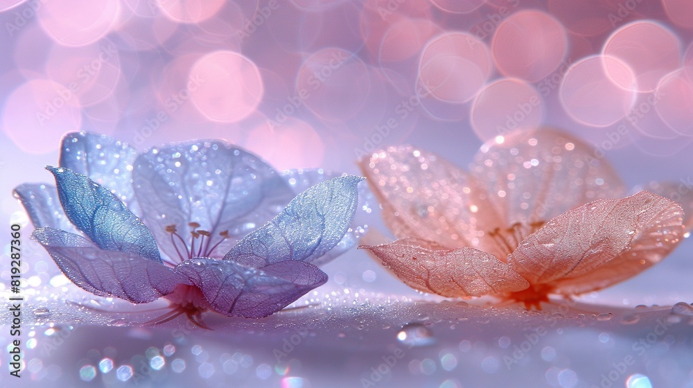 Fototapeta premium A pair of pink and blue blooms rest on a white countertop beside a matching wall