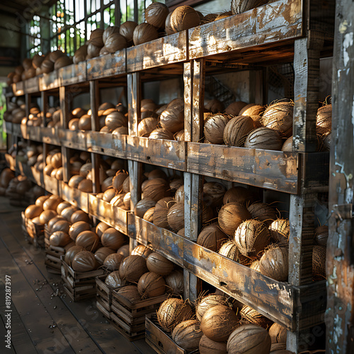 The harvested coconuts are packed in wooden boxes on the sorting line, ready for distribution at a bustling farm during the peak of the harvest season