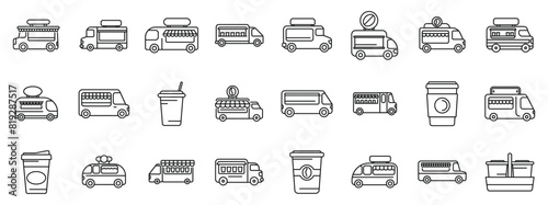 Coffee truck cafe outline vector icons. A collection of food trucks and vehicles. The vehicles include a truck with a cup on it, a truck with a cup on it, a truck with a cup on it, a truck with a cup