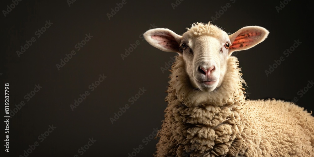 Fototapeta premium Portrait of a happy white sheep, photo studio set up with key light, isolated with black background and copy space