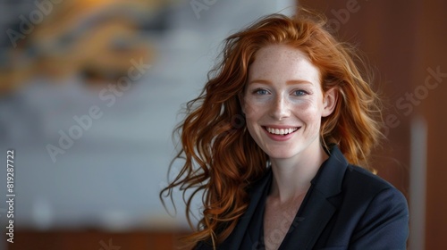 Portrait of a happy smiling red haired business woman in the office wearing a suit.