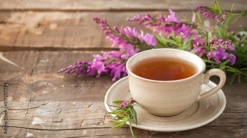 cup of tea with willow-herb on wooden background