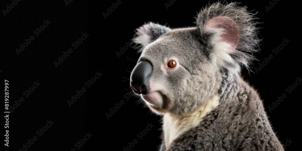 Naklejka premium Portrait of a koala bear, photo studio set up with key light, isolated with black background and copy space.
