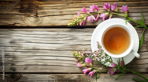 cup of tea with willow-herb on wooden background photo