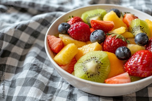 Fresh fruit salad in a white bowl on a checkered tablecloth - healthy eating - food presentation - summer refreshments