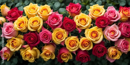Vibrant Roses Close-Up  Red  Yellow  Pink Roses Background  Colorful Floral Display  Floral Beauty and Elegance.