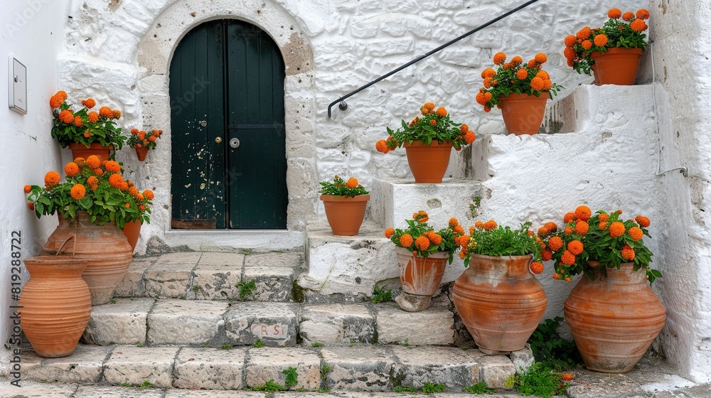 Naklejka premium Steps leading to green door with potted oranges