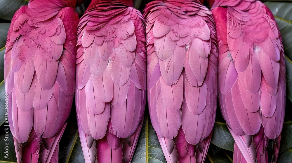 Obraz premium A flock of pink birds perched together on a verdant foliage background surrounded by lush leaves
