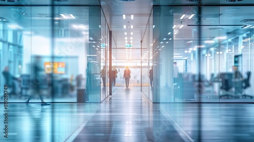 Blurred office workspace in the evening , interior workplace with cityscape for business presentation background