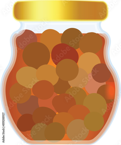A digital graphic of a transparent jar filled with various round colorful candies