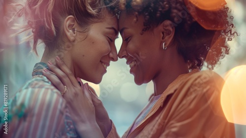 "Pr1de"  Lesbian, LGBTQ+ couple Show love to each other, happiness, celebrate, gen z and freedom with style and lgbqt people with pride, (generative AI) © RojOct
