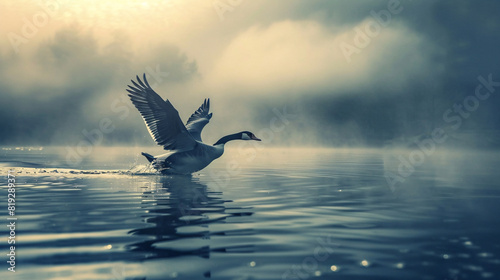 Swan on misty lake. A graceful swan gliding on a tranquil, mist-covered lake.