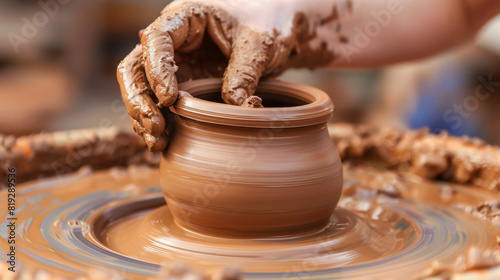 A person is making a pottery piece with their hands. The pottery is brown and has a rough texture. The person is focused on their work, and the scene conveys a sense of dedication and craftsmanship